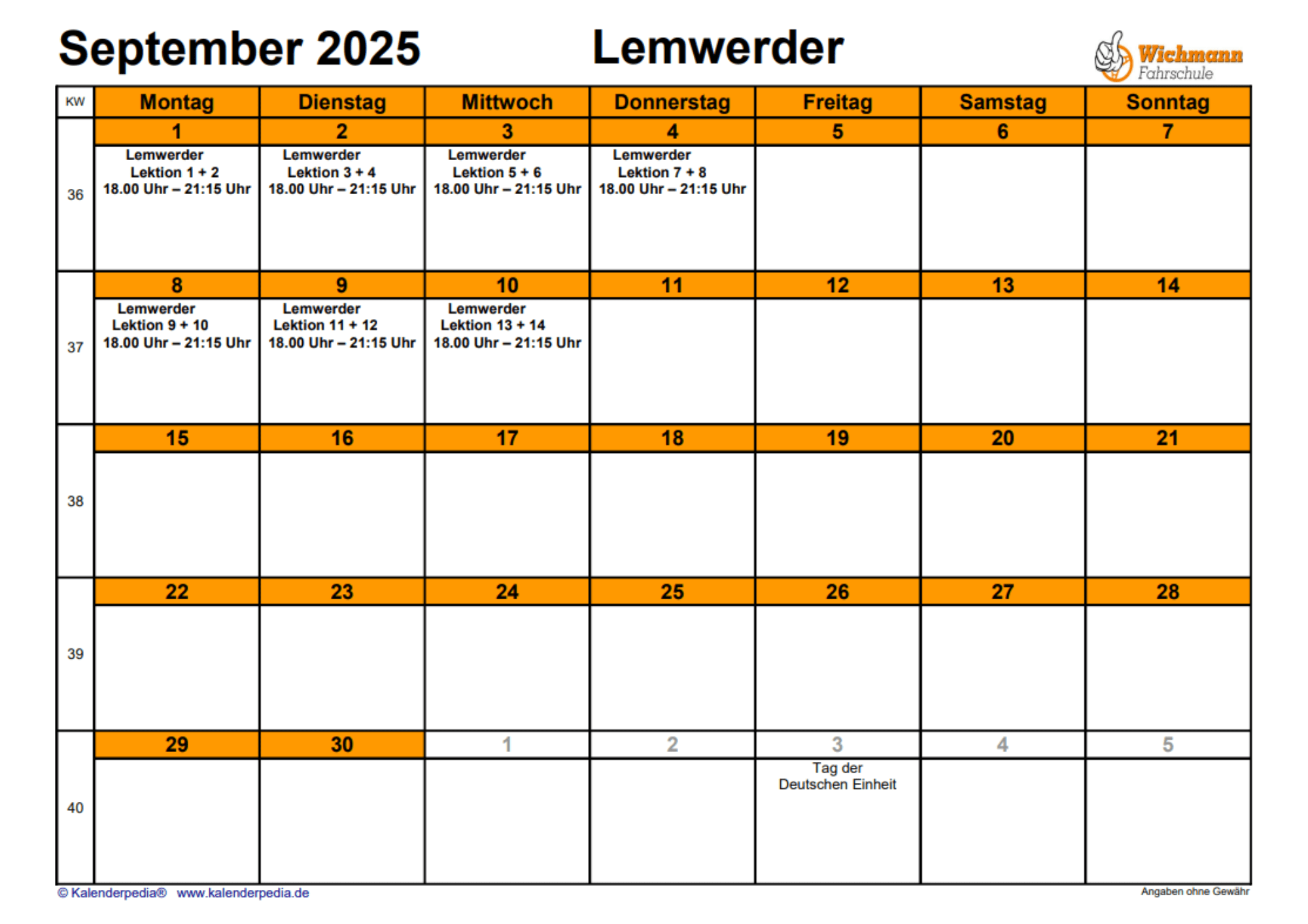 NEU Theorieplan Fahrschule September 2025 Lemwerder