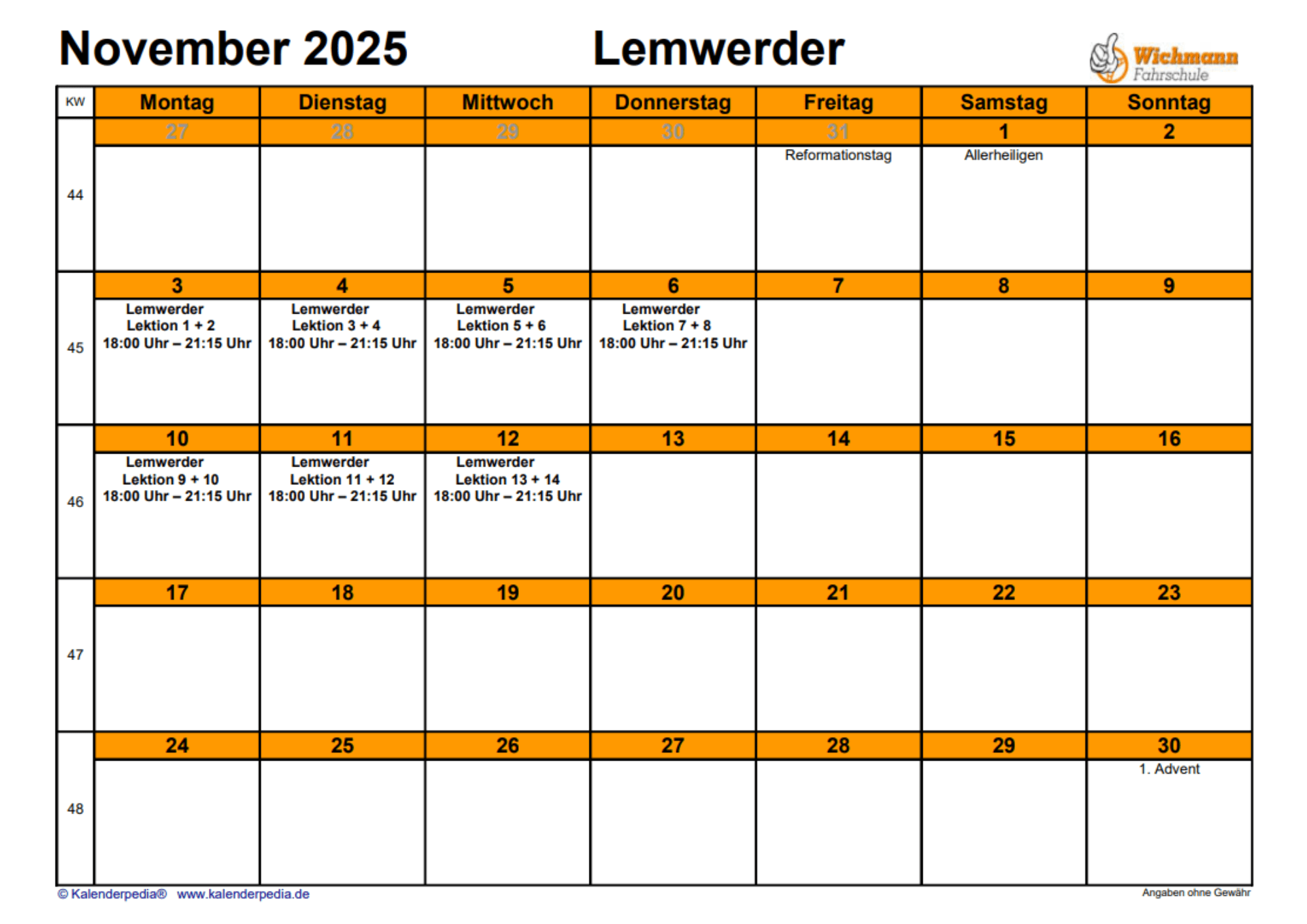 NEU Theorieplan Fahrschule November 2025 Lemwerder