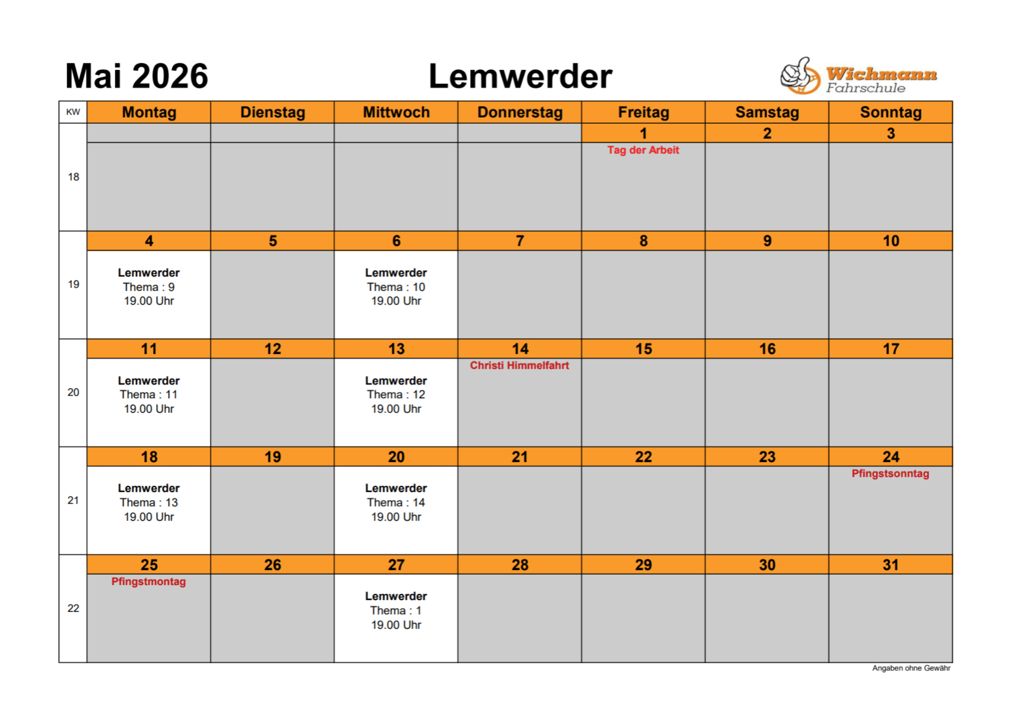 May 2026 Lemwerder Fahrschule calendar with orange day headers and gray cells, showing scheduled topics and events like Tag der Arbeit on May 1 and other drives/termine throughout the month (week layout 1–7, 8–14, 15–21, 22–28, 29–31).