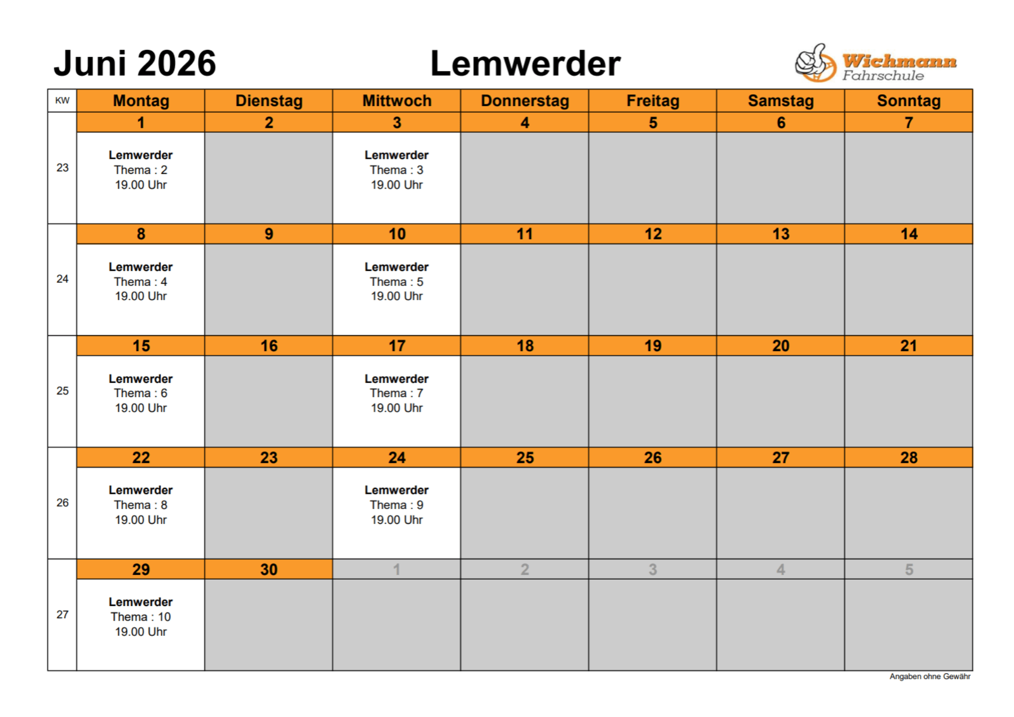 June 2026 Lemwerder schedule calendar with orange day headers and grey off-days; white cells show events like 'Lemwerder Thema: 2/3/4 19.00 Uhr' on select days.