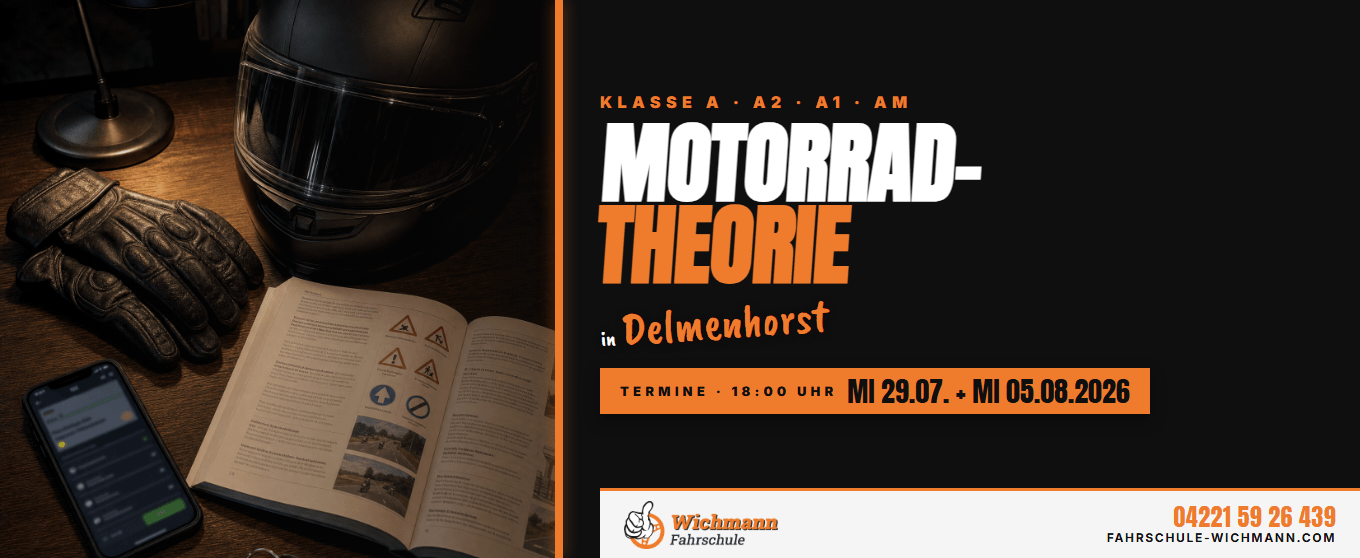 Promotional banner for a motorcycle theory course in Delmenhorst, showing a helmet, gloves, and an open manual on the left; bold orange and white headline on the right.