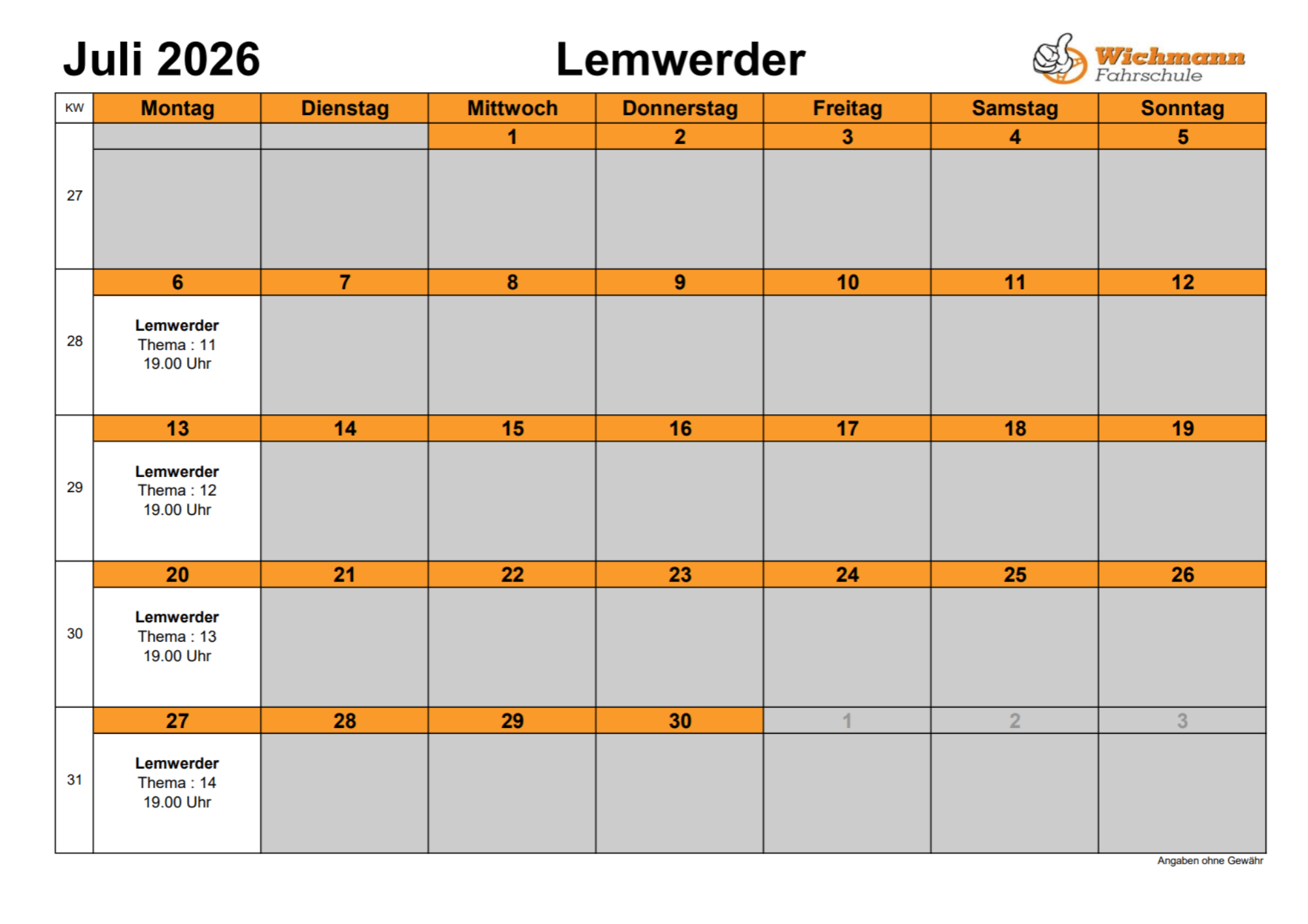 July 2026 calendar for Lemwerder Driving School with orange weekday headers and grey cells indicating blank slots; notes show evening lessons.