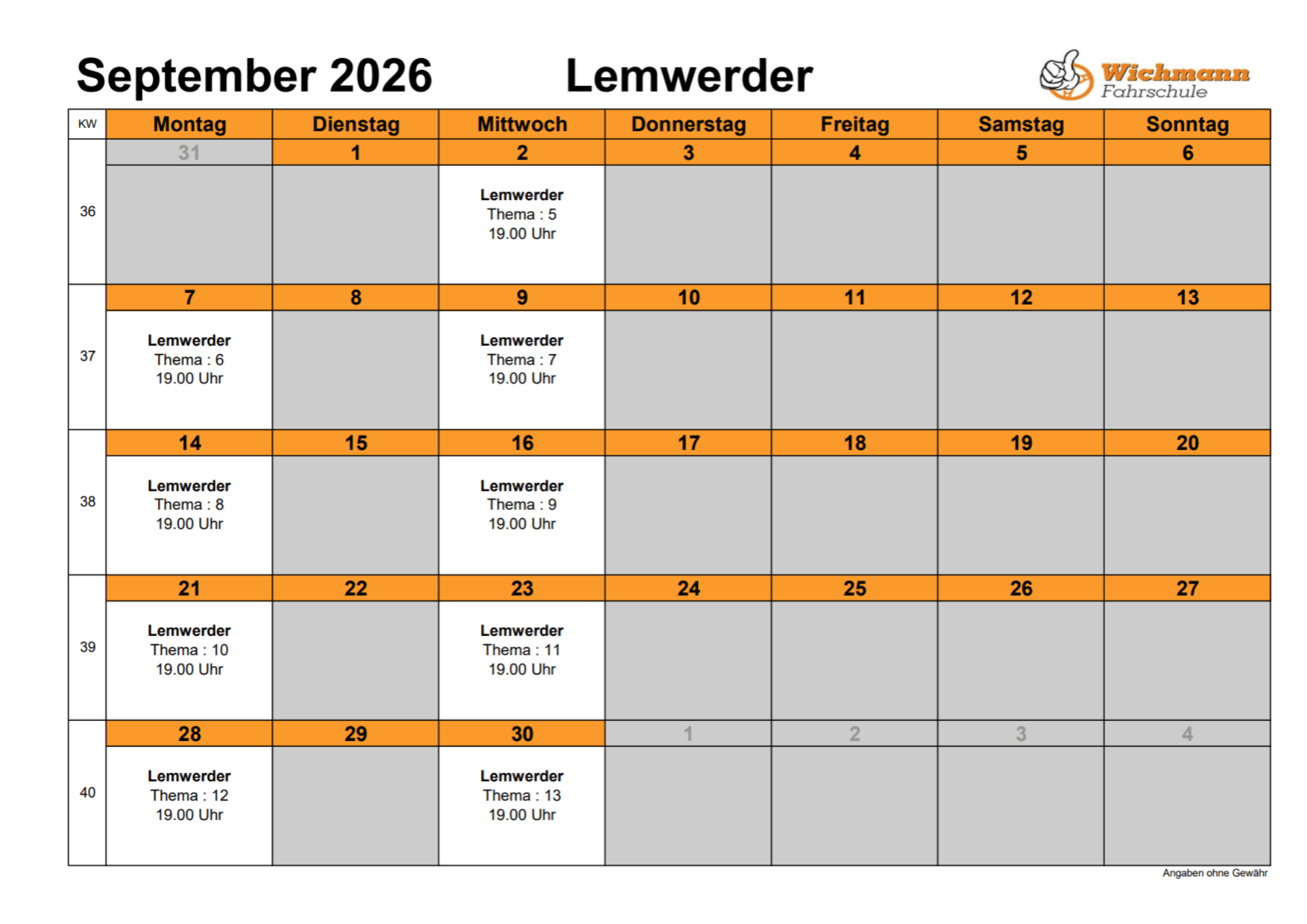 September 2026 Lemwerder calendar for Wichmann Fahrschule: orange header, days Mon–Sun, with scheduled 'Lemwerder Thema' events at 19:00 on several dates.