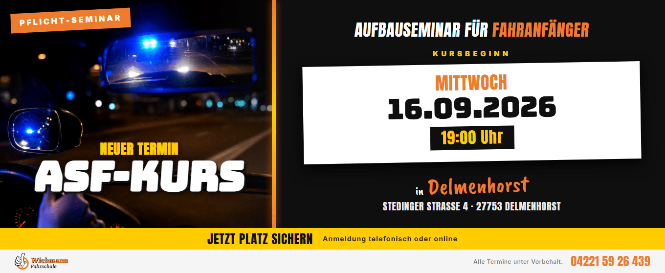 Promotional banner for an ASF driving course with a police car interior image and bold event details in German: date, time, and location in Delmenhorst.